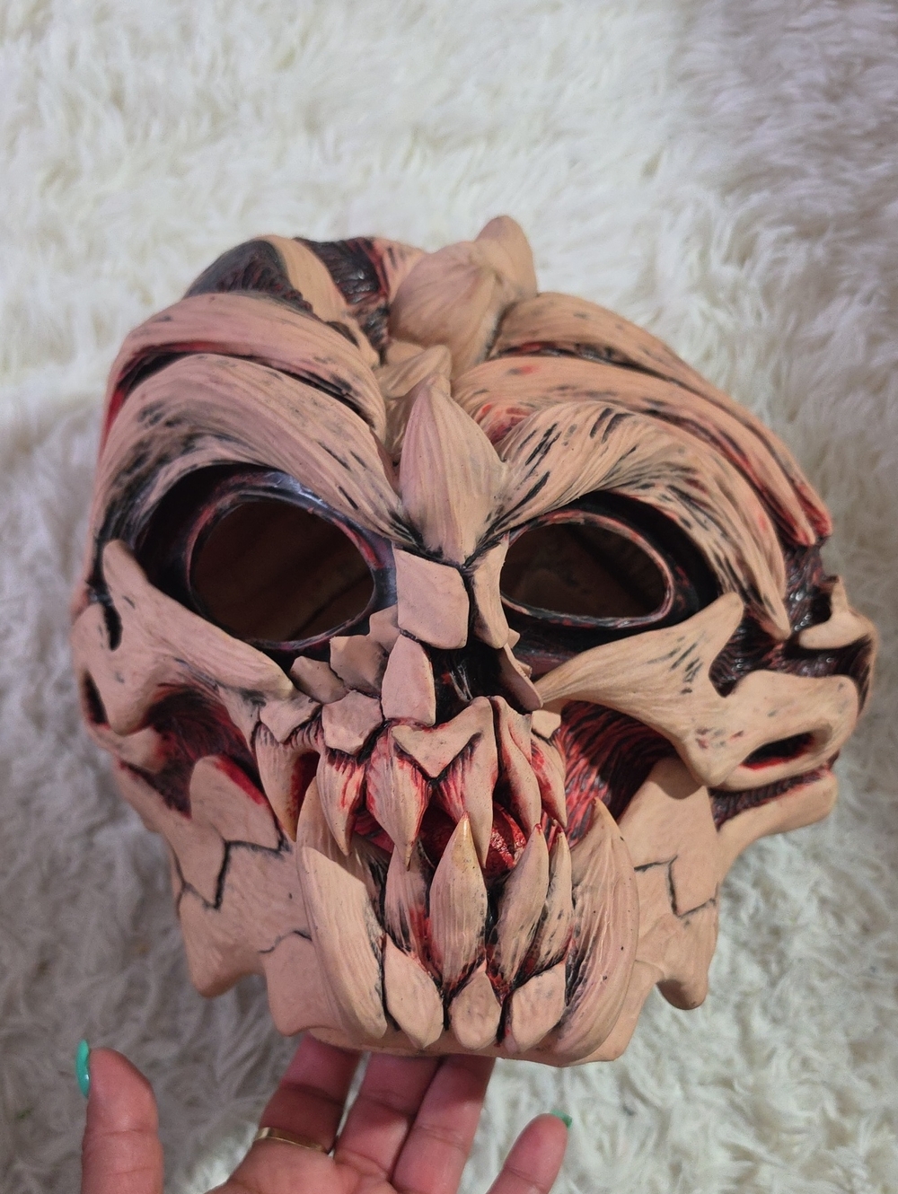 Handcrafted Bone-Style Decorative Skull Mask in Pale Beige and Black